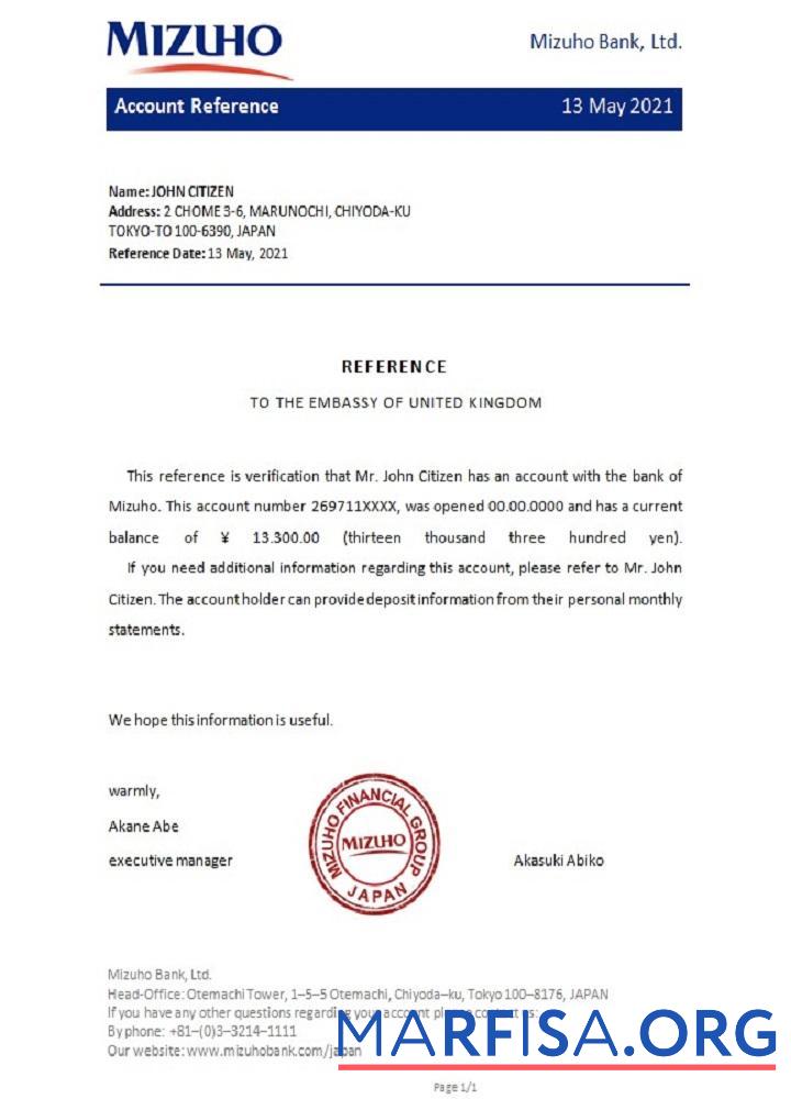 Printable Japan Mizuho reference example